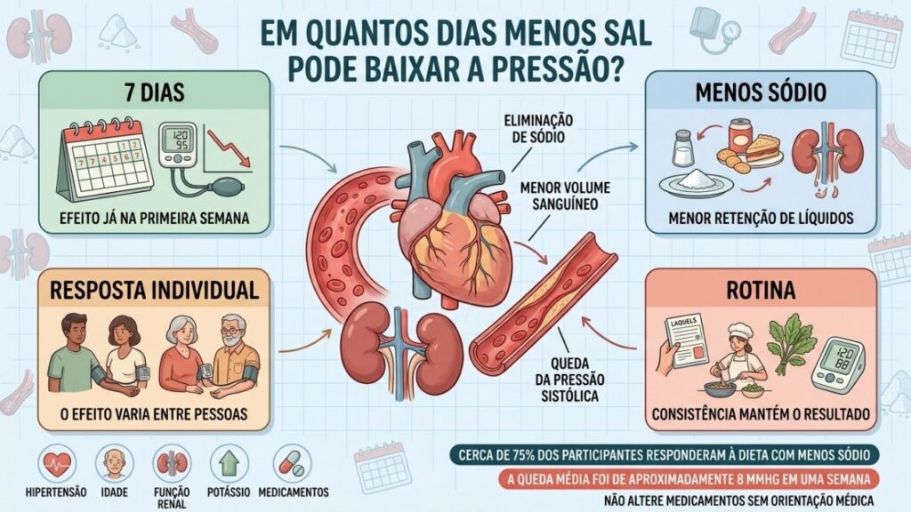 Tempo, sódio, resposta individual e constância determinam a queda da pressão.