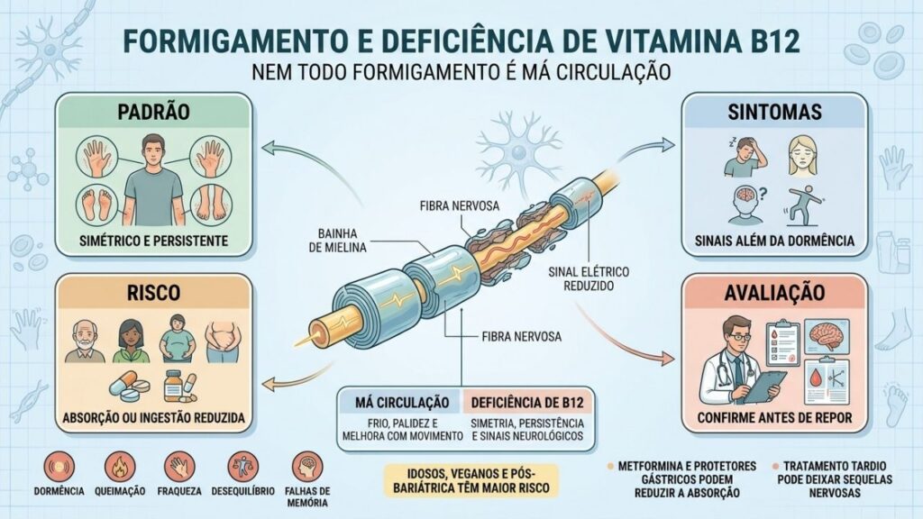 Padrão, sintomas, fatores de risco e exames orientam a investigação da B12.