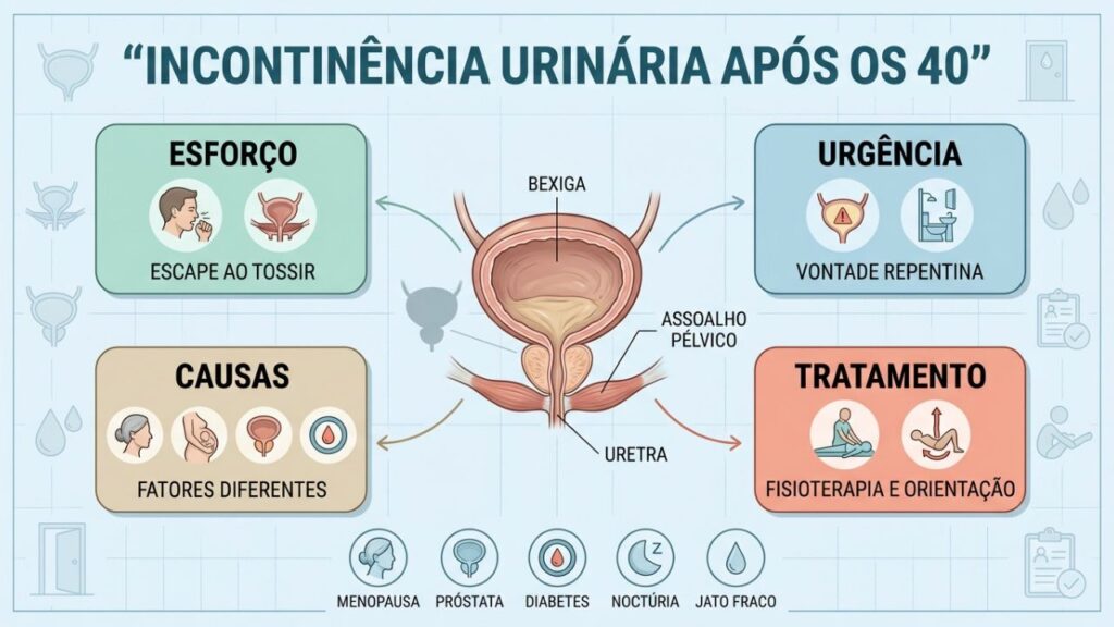 Infográfico mostra tipos, causas e tratamentos da incontinência após os 40.
