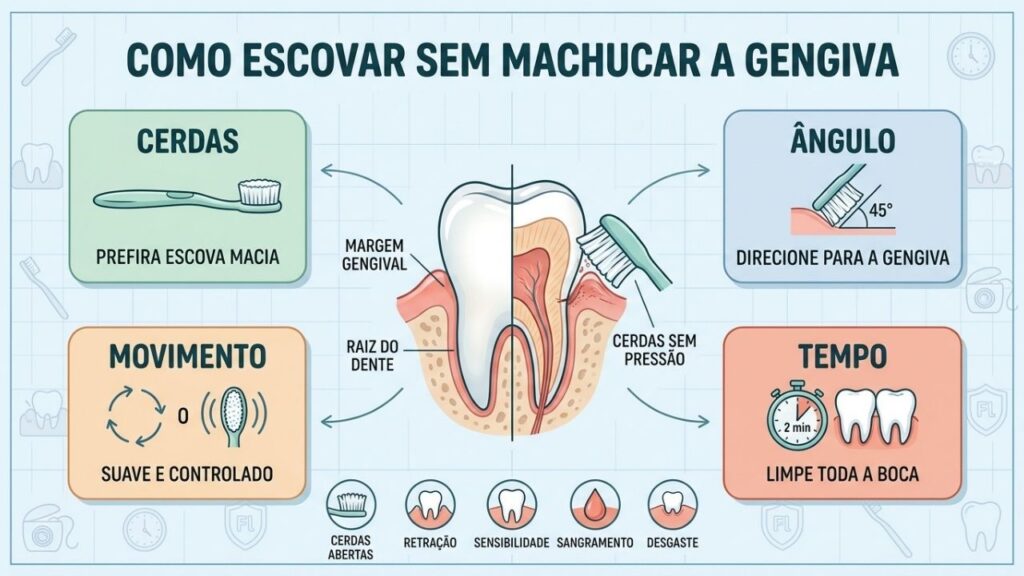 Cerdas macias, ângulo correto, pouca pressão e dois minutos protegem a gengiva.