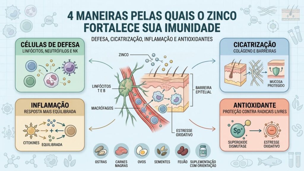 Zinco apoia células imunes, cicatrização, inflamação e proteção antioxidante.