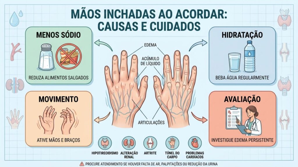 Sódio, hidratação, movimento e avaliação ajudam a controlar o edema matinal.