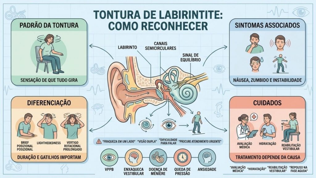 Padrão, sintomas, diferenças e sinais de alerta orientam a avaliação da tontura.