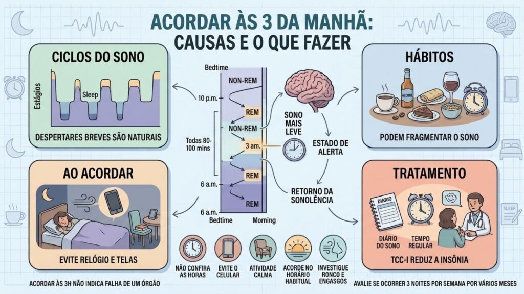 Ciclos, hábitos, resposta ao despertar e TCC-I orientam noites mais contínuas.