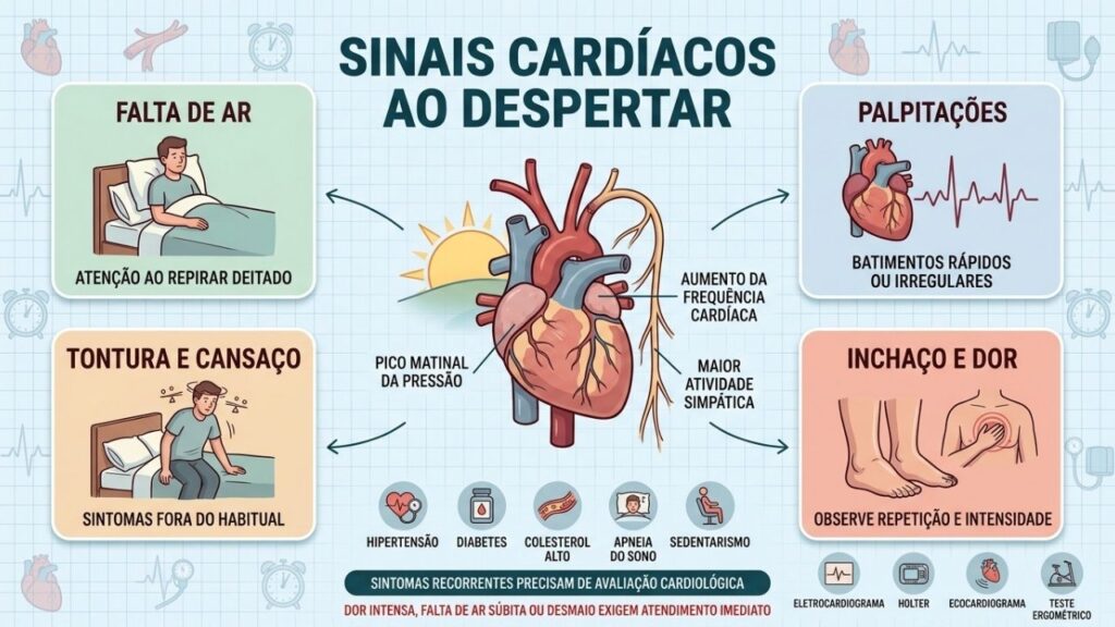 Sintomas, fatores de risco e exames orientam a investigação cardíaca matinal.
