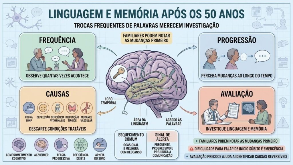 Frequência, progressão, causas tratáveis e avaliação orientam a investigação da linguagem.