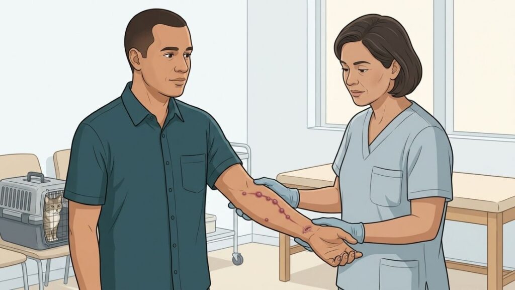 Ferida persistente e caroços no braço exigem avaliação médica após arranhadura.