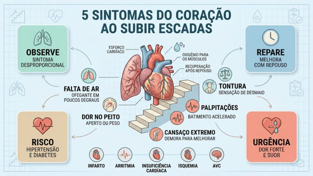 Infográfico mostra sinais cardíacos que aparecem ao subir escadas.
