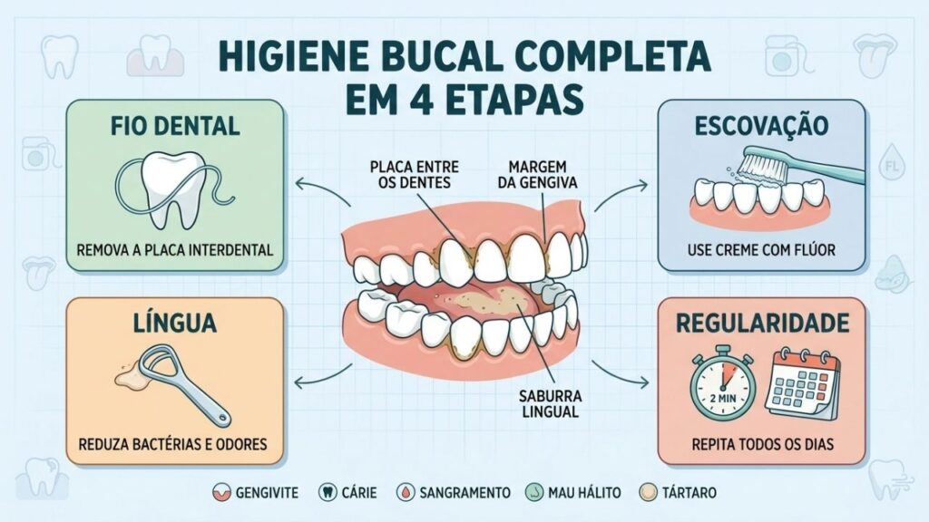 Fio, escova, língua e regularidade protegem gengiva, dentes e hálito.