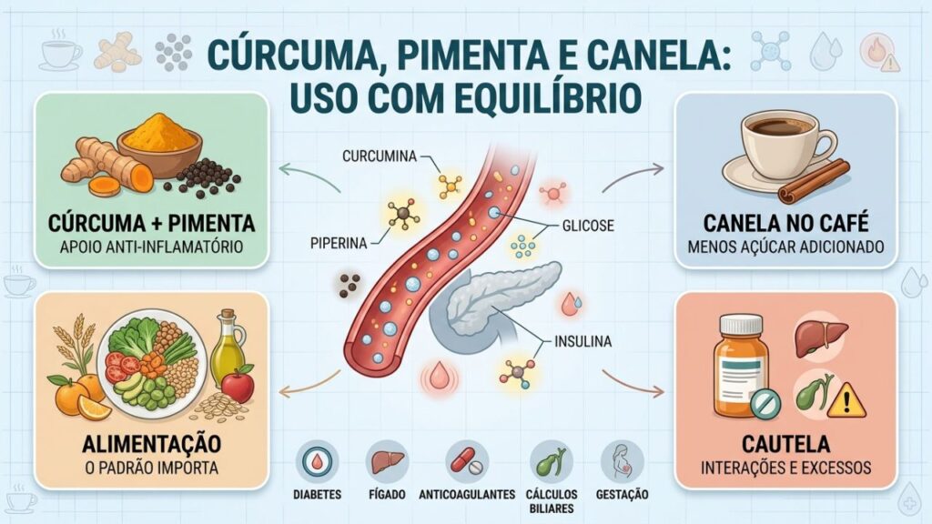 Quatro pontos explicam quando usar cúrcuma, pimenta e canela com segurança.