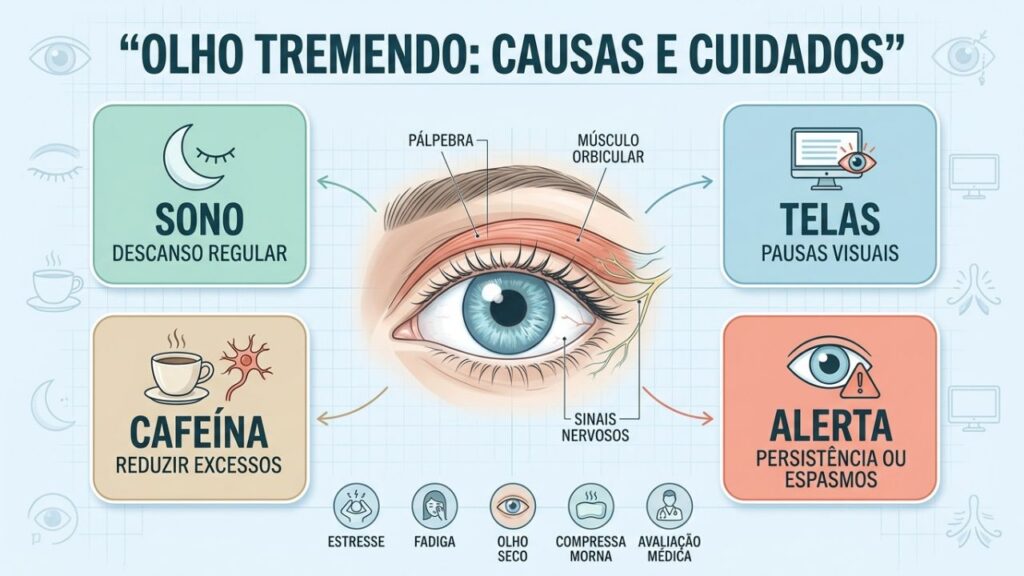 Infográfico mostra gatilhos, cuidados e sinais de alerta do olho tremendo.