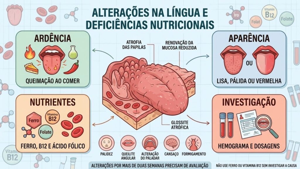Ardência, aparência, nutrientes e exames ajudam a investigar alterações persistentes na língua.