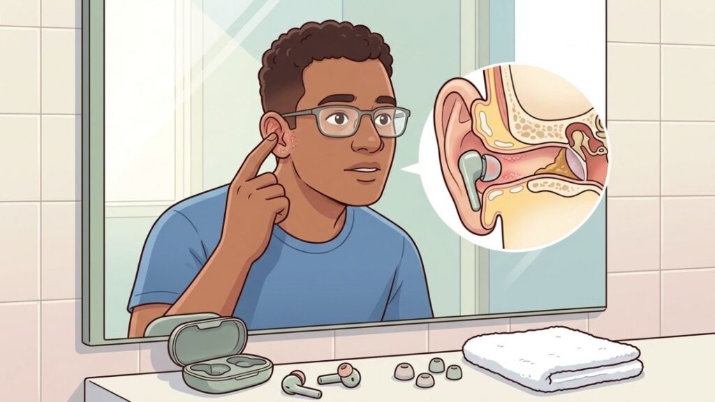 Dermatite, cerúmen compactado e infecção podem causar coceira após os fones.