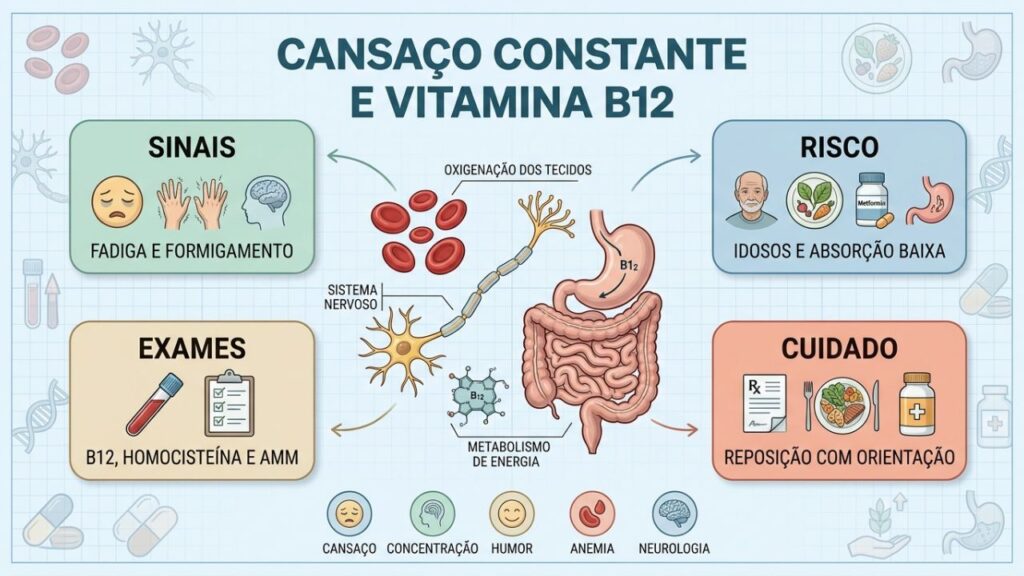 Infográfico mostra sinais, grupos de risco, exames e reposição de B12.