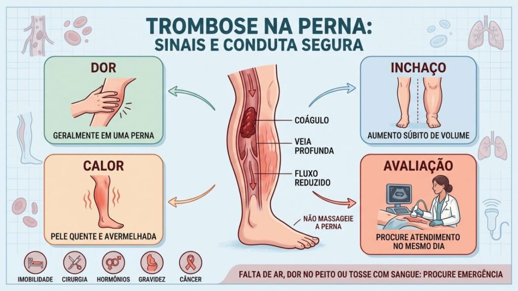 Dor unilateral, inchaço, calor e ultrassom orientam a suspeita de trombose.