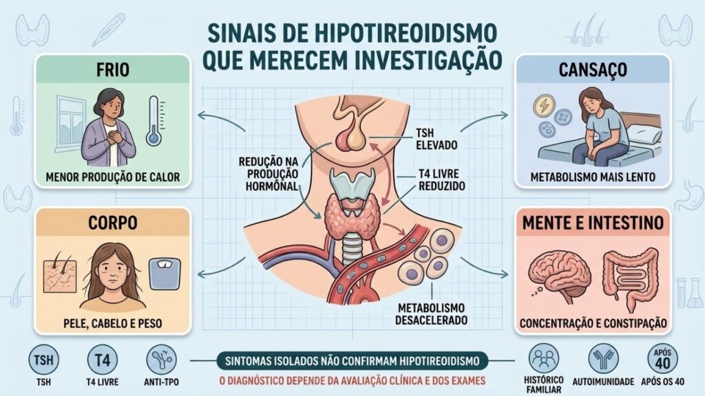 Frio, fadiga, mudanças corporais e exames orientam a investigação da tireoide.