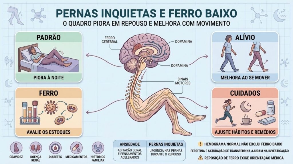 Padrão noturno, movimento, ferro e hábitos orientam a investigação das pernas inquietas.