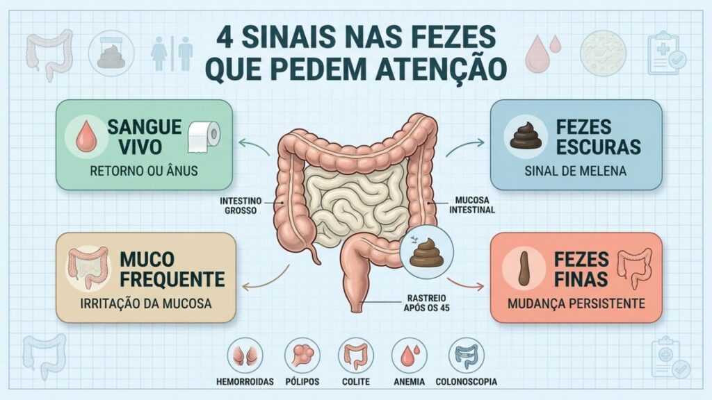 Infográfico mostra quatro alterações nas fezes que merecem investigação médica.