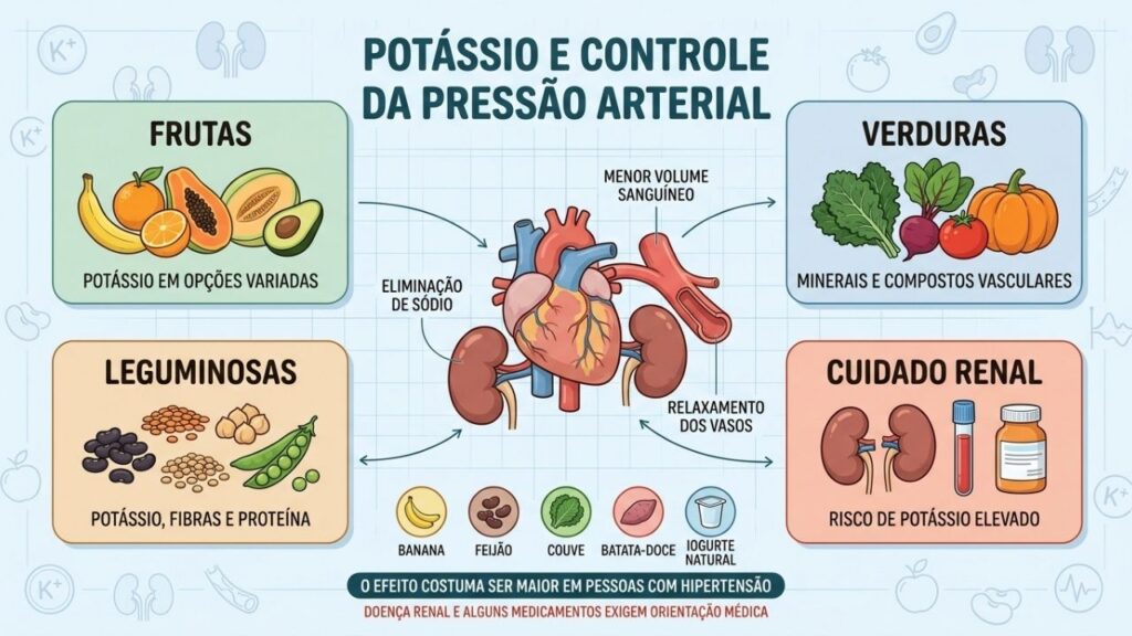 Frutas, verduras, leguminosas e cuidado renal orientam o consumo seguro de potássio.