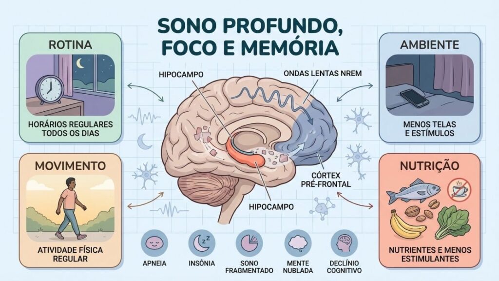 Rotina, ambiente, movimento e nutrição sustentam sono profundo e clareza mental.