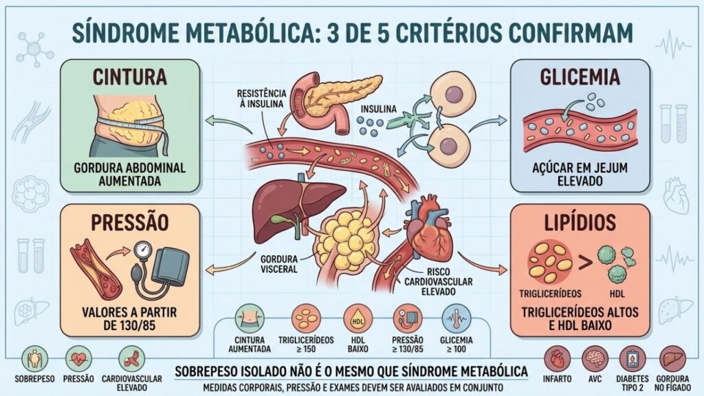 Cintura, glicemia, pressão e lipídios revelam riscos além do simples sobrepeso.