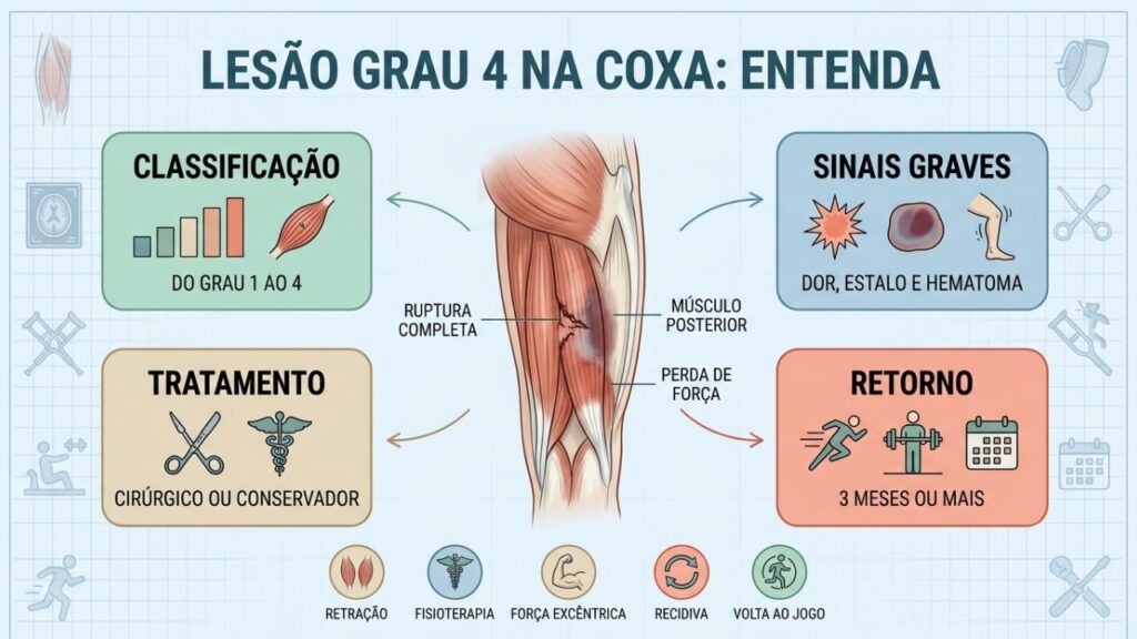Infográfico explica gravidade, tratamento e retorno após lesão grau 4.