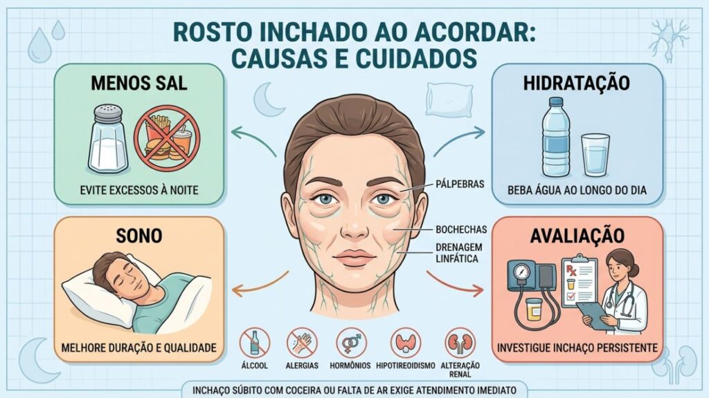 Sal, hidratação, sono e avaliação ajudam a reduzir o inchaço facial.
