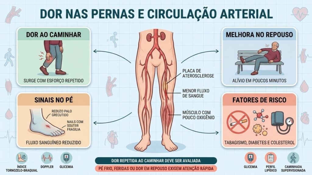 Dor ao esforço, alívio no repouso e sinais nos pés orientam a investigação vascular.