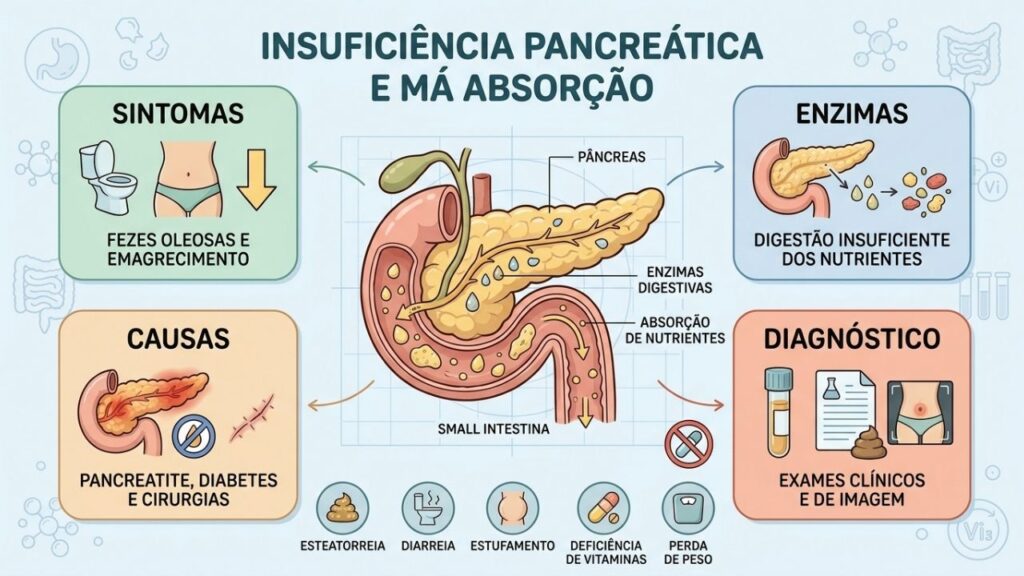 Sintomas, causas, enzimas e exames ajudam a identificar a insuficiência pancreática.
