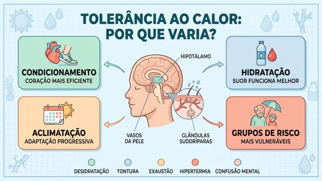 Condicionamento, hidratação, aclimatação e idade modulam a resposta ao calor.