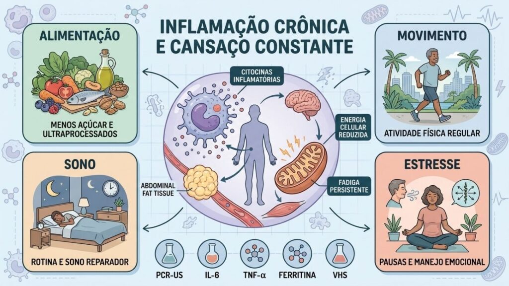 Alimentação, movimento, sono e controle do estresse ajudam a reduzir inflamação.