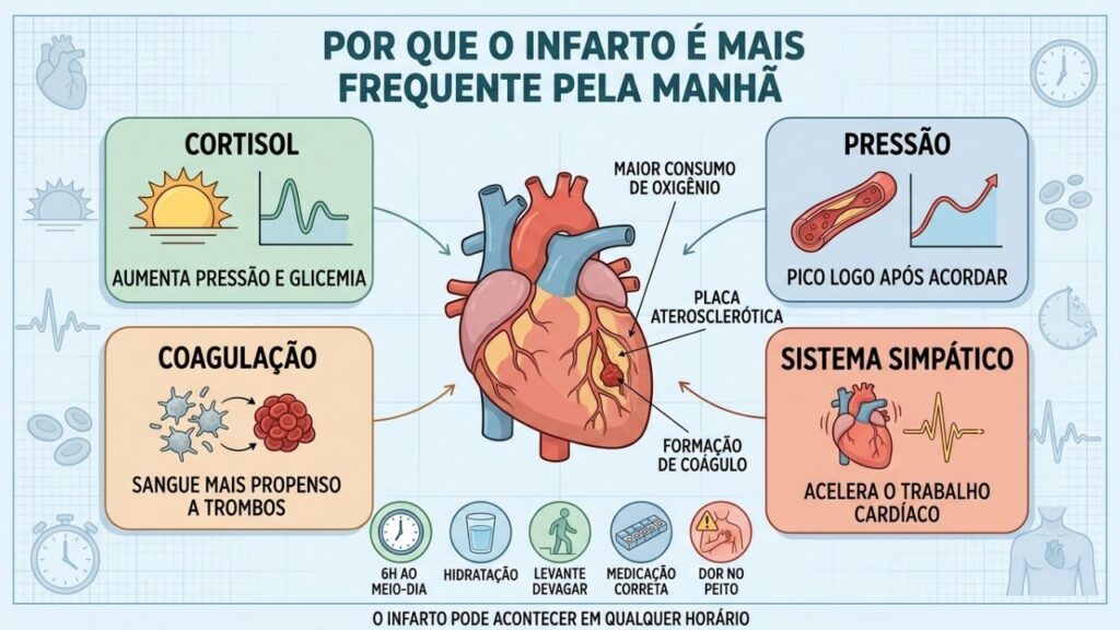 Cortisol, pressão, coagulação e sistema simpático explicam o pico matinal de infartos.