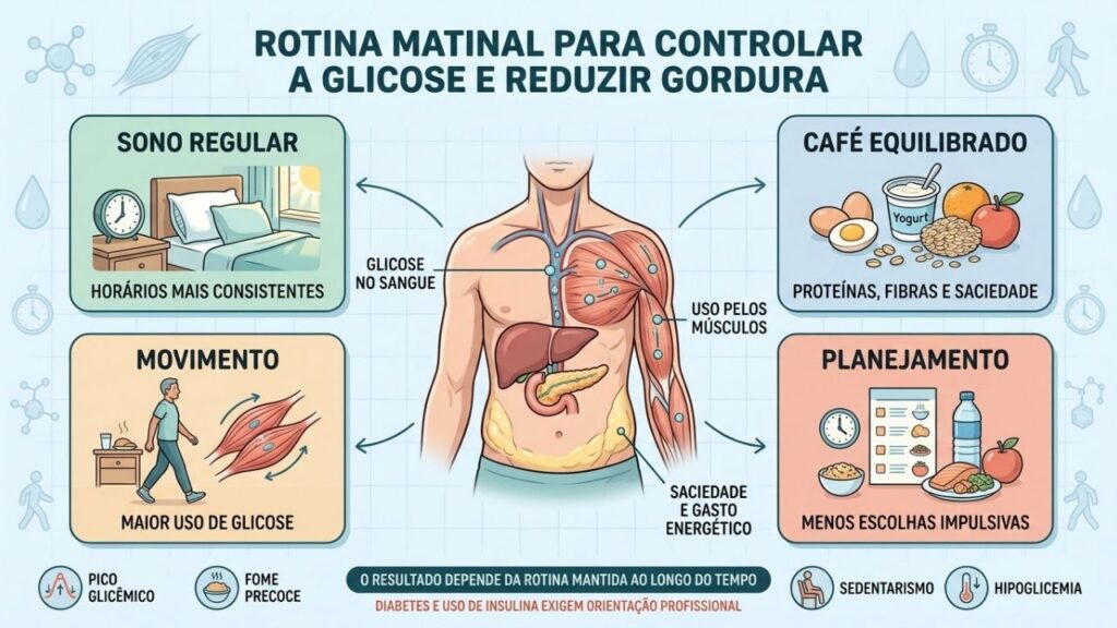 Sono, alimentação, movimento e planejamento sustentam o controle metabólico diário.
