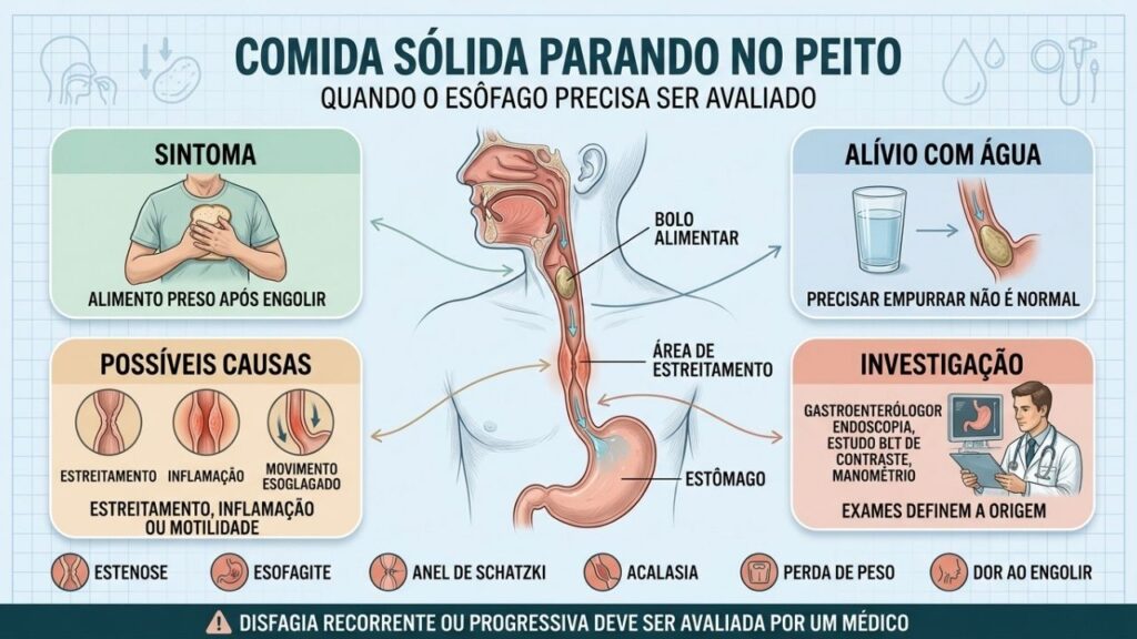 Sintoma, possíveis causas e exames orientam a investigação da disfagia esofágica.