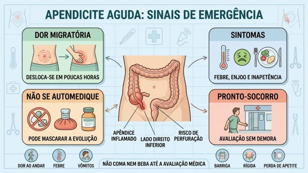 Dor migratória, febre, náusea e rigidez abdominal exigem atendimento imediato.