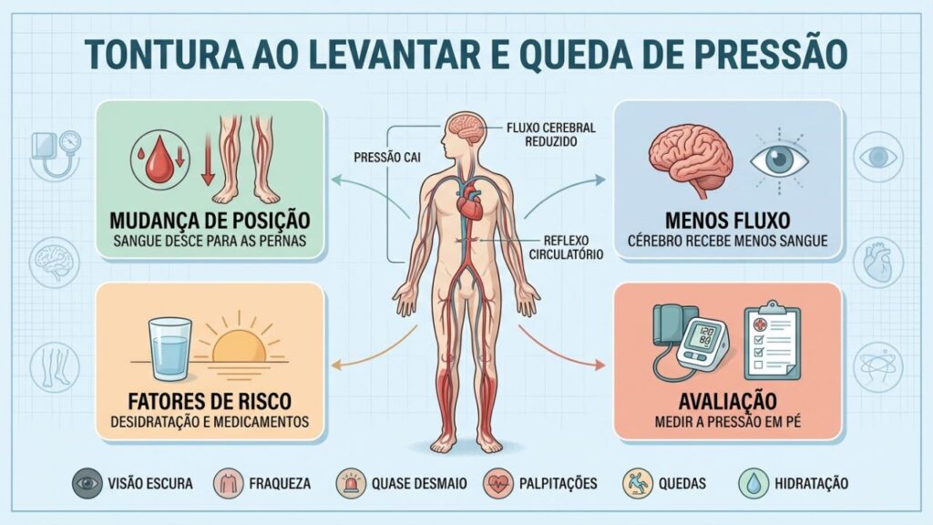 Infográfico explica a tontura postural, seus riscos e sinais de alerta.