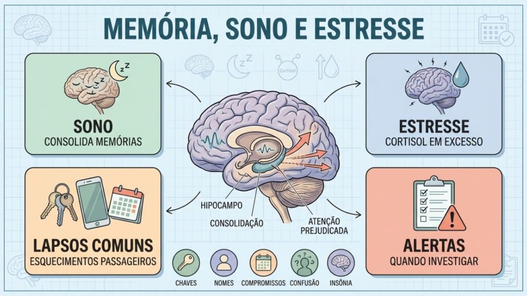 Infográfico relaciona sono, estresse, hipocampo e sinais de alerta cognitivo.