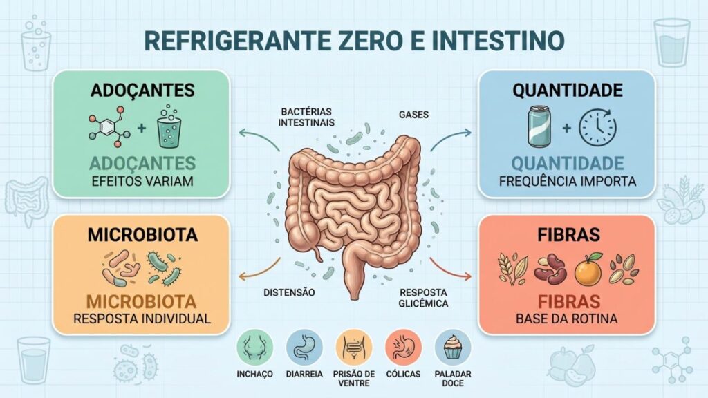 Infográfico explica adoçantes, quantidade, microbiota e fibras na saúde intestinal.