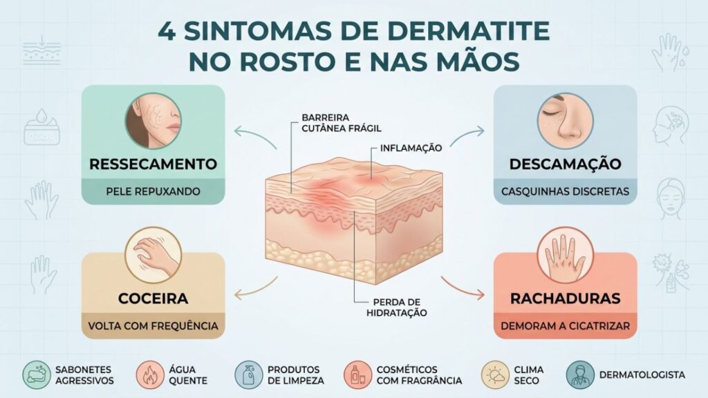 Quatro sinais discretos ajudam a reconhecer dermatite no rosto e nas mãos.