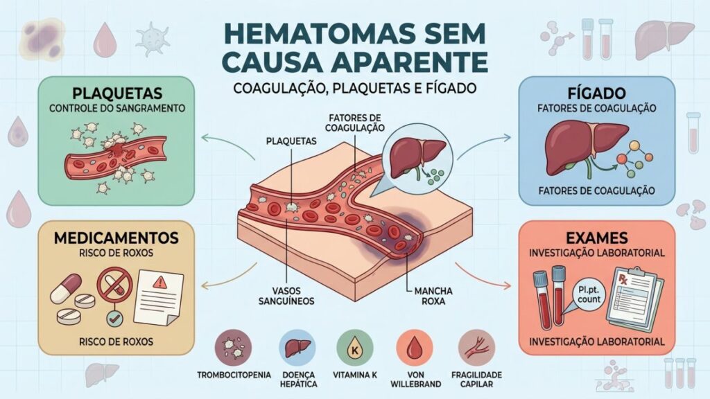 Plaquetas, fígado, medicamentos e exames ajudam a explicar hematomas frequentes.