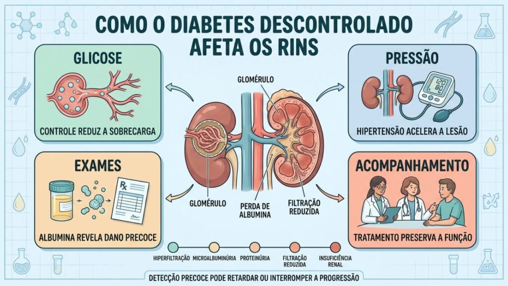 Controle glicêmico, pressão, exames e acompanhamento protegem a função renal.