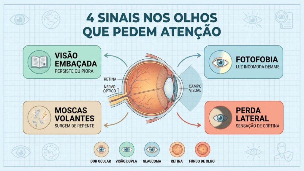 Infográfico mostra sinais visuais que podem indicar urgências oftalmológicas.