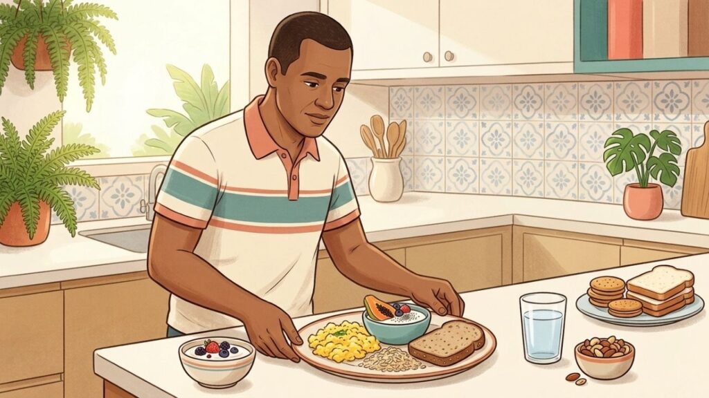 Proteínas, fibras e gorduras boas prolongam saciedade e estabilidade durante a manhã.