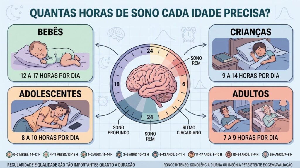 As horas recomendadas variam entre bebês, crianças, adolescentes, adultos e idosos.