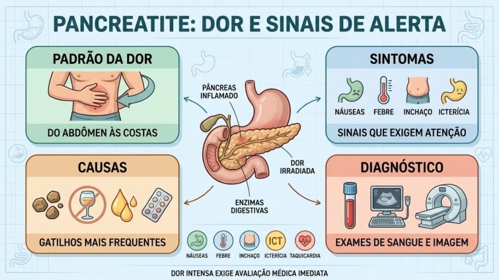 Dor, sintomas, causas e exames ajudam a reconhecer rapidamente a pancreatite.
