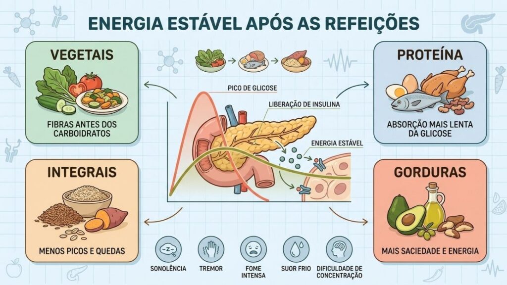 Fibras, proteínas, integrais e gorduras ajudam a evitar picos glicêmicos.