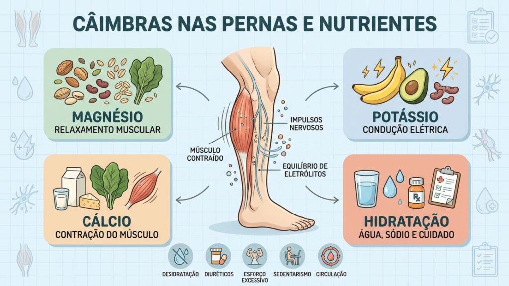 Principais fatores ligados às câimbras: minerais, água, esforço e circulação.