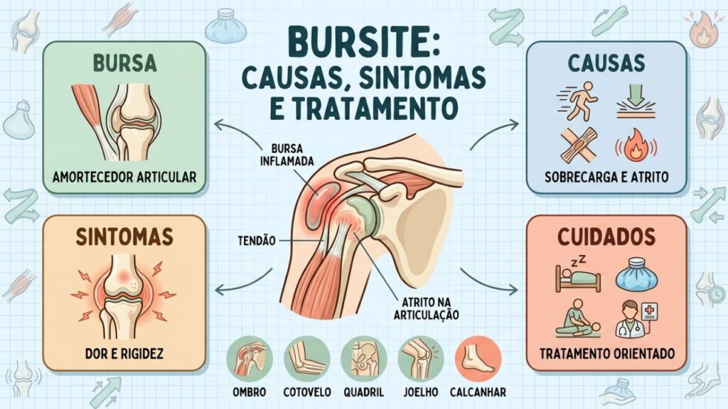 Bursa, causas, sintomas e cuidados explicam o tratamento da bursite.