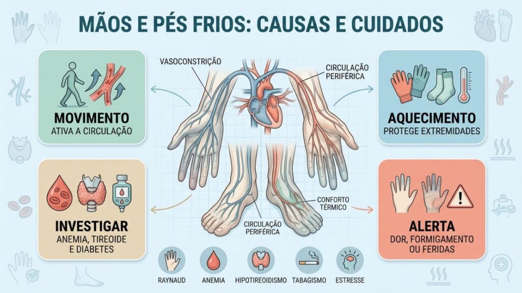 Infográfico mostra causas, cuidados e sinais de alerta nas extremidades frias.