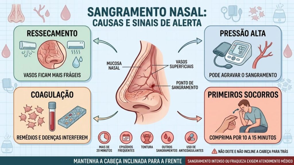Causas locais, pressão, coagulação e primeiros socorros orientam a avaliação.
